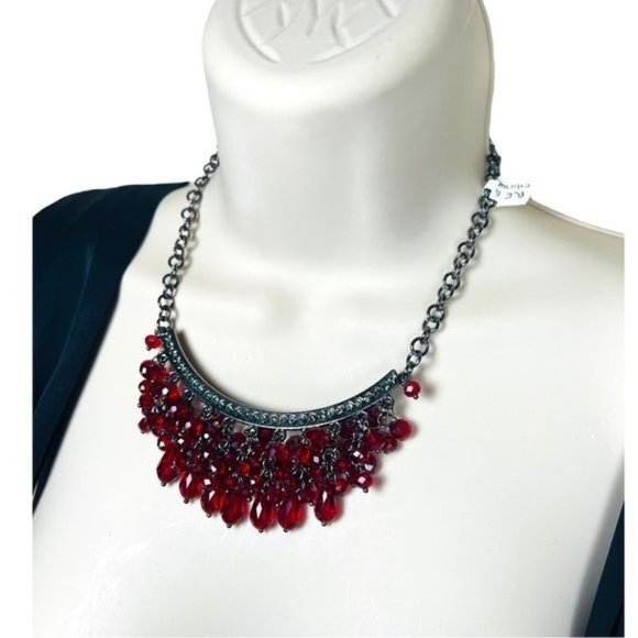 Womens Fashion Garnet Colored Faceted Beads Fringe Hematite Rhinestones Drop Bib - Picture 4 of 5